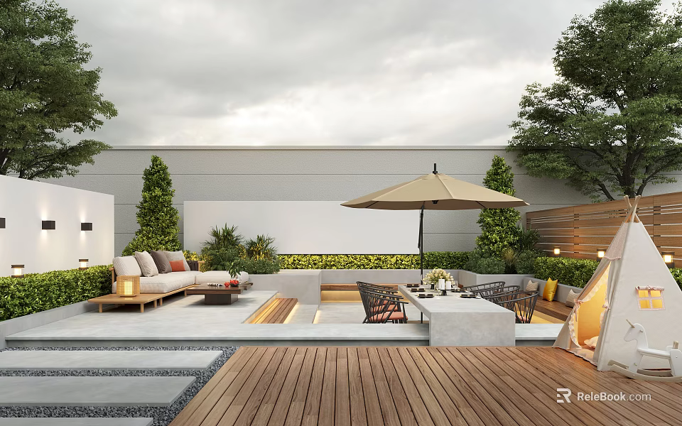 Stylish Courtyard Garden With Wooden Deck Outdoor Seating Sunshade Umbrella And Green Plants 3d model 