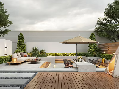 Stylish Courtyard Garden With Wooden Deck Outdoor Seating Sunshade Umbrella And Green Plants 3d model