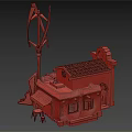 Cartoon Scene Featuring Small House With Red Roof Orange Walls Awning Windmill Table And Chairs