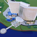 Modern Hotel Building with Glass Facade High Rise Surrounded by Water Reflection and Palm Trees