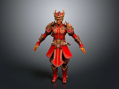 Detailed Game Movie Character in Red Ornate Armor with Golden Intricate Patterns and Decorative Helmet 3d model