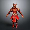 Detailed Game Movie Character in Red Ornate Armor with Golden Intricate Patterns and Decorative Helmet