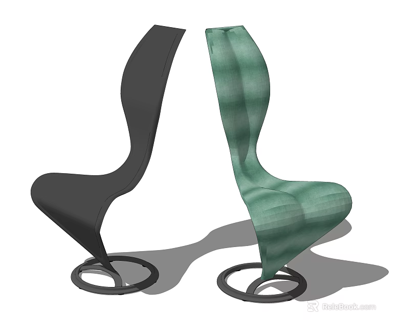 Modern Single Chairs With Black And Green Plaid Curved Design Round Metal Base 3d model 