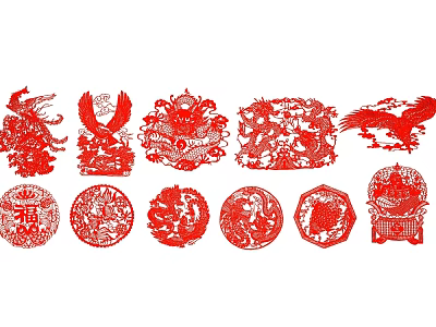 Traditional Chinese Red Paper Cut Silhouettes Featuring Dragon Phoenix and Flying Eagle Designs 3d model