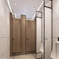 Modern Public Restroom Interior With Marble Sink Counter Wooden Doors Large Mirror And Recessed Lighting