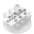 Wooden Dining Table And Black Chairs With Plates Food Green Plants And Hanging Lamp