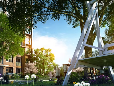 Serene Garden Landscape With Tall Trees Green Lawn White Wooden Swing And Apartment Building 3d model