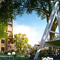 Serene Garden Landscape With Tall Trees Green Lawn White Wooden Swing And Apartment Building