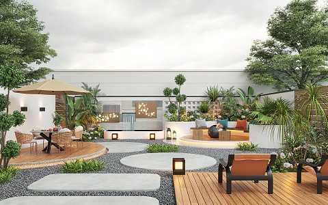 Cream Style Courtyard Landscape Courtyard Landscape Plant Home Courtyard Villa Courtyard Outdoor Sofa Waterscape Wall 3d model