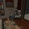 Cream Tufted Single Sofa With Blue Side Table Floor Lamp And Area Rug