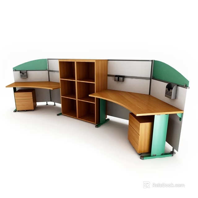 Modern Office Desk With Wooden Desktop Green Partitions Open Shelves And Side Drawer Cabinets 3d model 