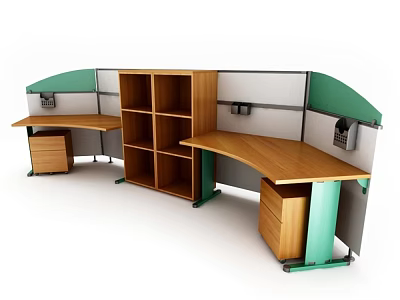Modern Office Desk With Wooden Desktop Green Partitions Open Shelves And Side Drawer Cabinets 3d model