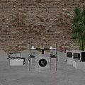 Modern Dining Table Set With Silver Metal Frames Black Seats And Potted Plants 3d model