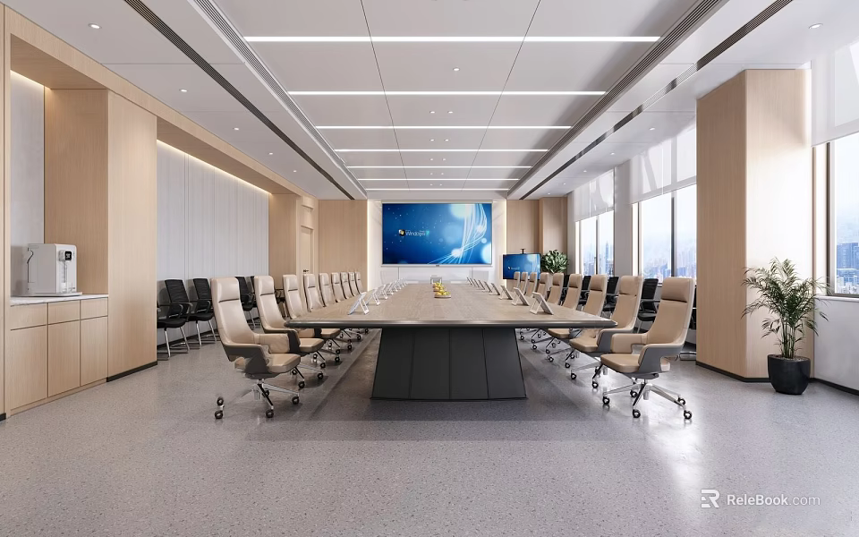 Modern Conference Room Interior Design With Long Table Large Screen Windows And Chairs 3d model 