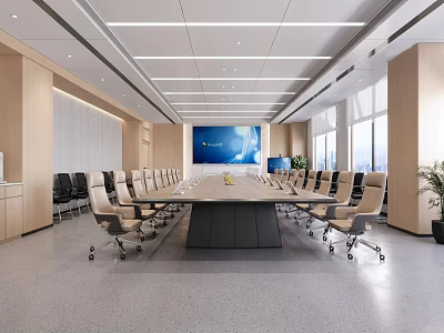 Modern Conference Room Interior Design With Long Table Large Screen Windows And Chairs 3d model