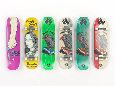 Colorful Skateboard Decks With Various Graphics And Unique Artwork Designs 3d model