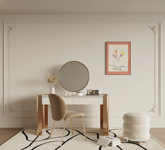Elegant White Dresser With Gold Frame Round Mirror Beige Chair Decorative Painting Dried Flowers 3d model 
