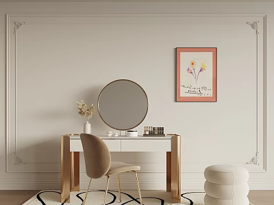 Elegant White Dresser With Gold Frame Round Mirror Beige Chair Decorative Painting Dried Flowers 3d model