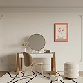 Elegant White Dresser With Gold Frame Round Mirror Beige Chair Decorative Painting Dried Flowers