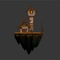 Floating Island House with Tower Green Roof Lit Windows and Orange Terrain