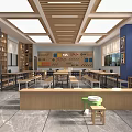 School Classroom Interior With Wooden Tables Stools Blue Walls Bookshelves And Lectern