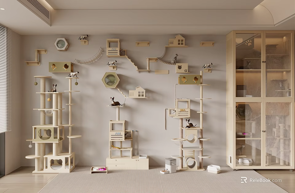 Modern Indoor Cat Play Area With Wall Mounted Structures And Trees 3d model