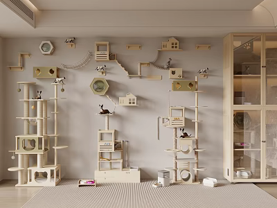 Modern Indoor Cat Play Area With Wall Mounted Structures And Trees 3d model