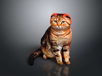 Calm Scottish Fold Cat with Brown Tabby Fur Sitting on Gray Reflective Surface 3d model