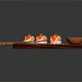 Fresh Sushi Slices on Wooden Board with Chopsticks and Soy Sauce Garnished
