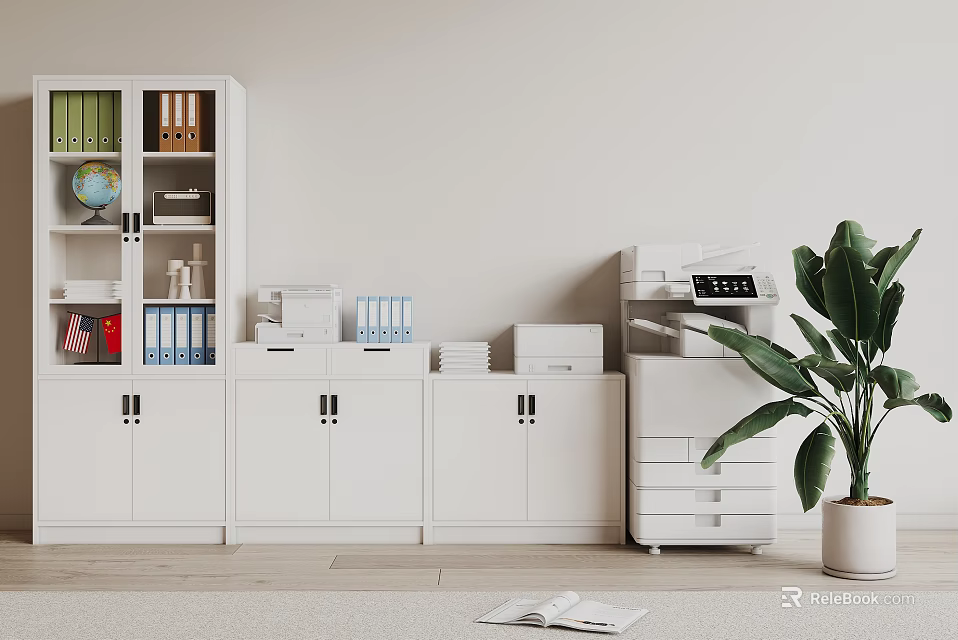 Office Space With White Storage Cabinets Bookshelf Globe Printer Potted Plant And Open Book 3d model 