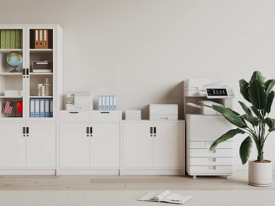 Office Space With White Storage Cabinets Bookshelf Globe Printer Potted Plant And Open Book 3d model