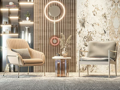 Stylish Leisure Chairs in Modern Living Room with Round Mirror Light Strips and Textured Wall 3d model