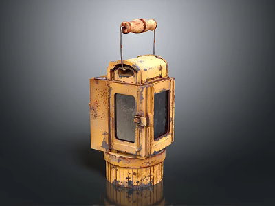 Vintage Yellow Lantern With Metal Construction Glass Window And Rustic Handle 3d model