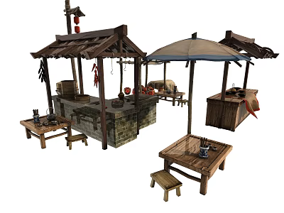 Traditional Chinese Market Stalls With Wooden Structures Roofs Lanterns Tables Stools And Umbrella 3d model