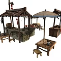 Traditional Chinese Market Stalls With Wooden Structures Roofs Lanterns Tables Stools And Umbrella