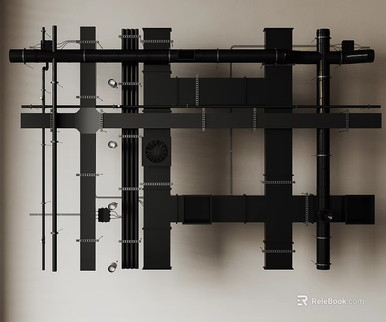 Black Industrial Pipes Structure with Metal Supports and Component Details 3d model 