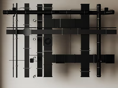Black Industrial Pipes Structure with Metal Supports and Component Details 3d model