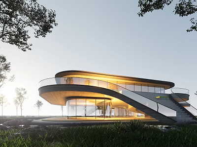 Modern Curved Sales Office Building with Glass Curtain Wall Illuminated Staircase and Green Landscape 3d model