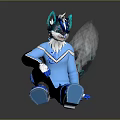 Sitting Anthropomorphic Fox Like Creature In Blue Outfit With White Fur And Glowing Tail
