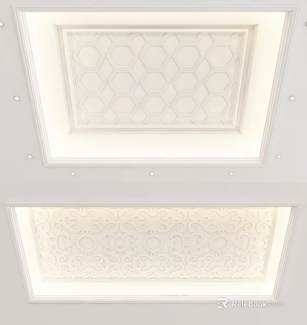 Elegant White Ceiling Design with Hexagonal Pattern Intricate Details and Recessed Lights 3d model 