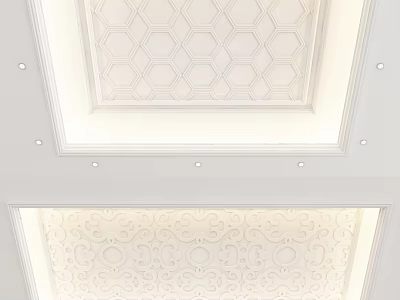 Elegant White Ceiling Design with Hexagonal Pattern Intricate Details and Recessed Lights 3d model