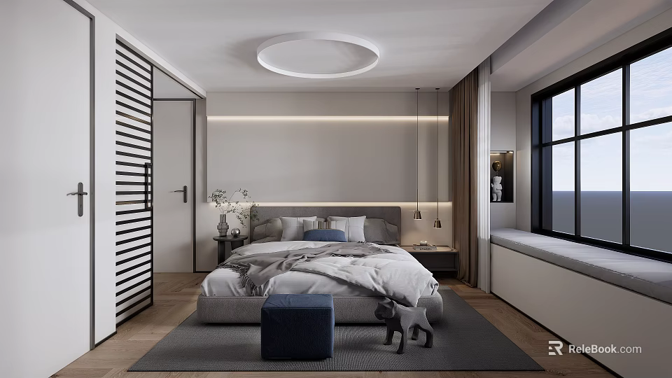 Minimalist Modern Bedroom Interior With Comfortable Bed And Large Window 3d model 