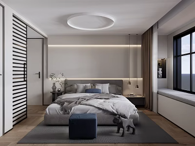 Minimalist Modern Bedroom Interior With Comfortable Bed And Large Window 3d model