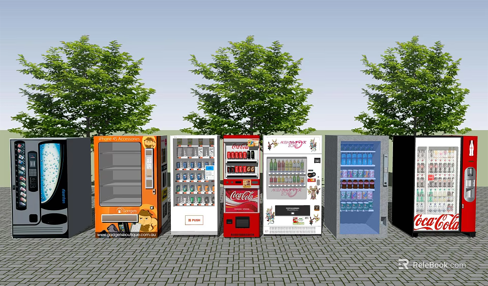 Line Of Commercial Vending Machines With Various Colors Brands Outdoor Near Trees And Paved Ground 3d model 