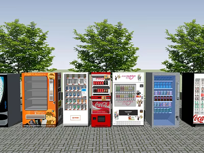 Line Of Commercial Vending Machines With Various Colors Brands Outdoor Near Trees And Paved Ground 3d model