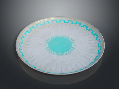 Circular Carved Sculpture Plate with Blue Geometric Patterns and Central Blue Circle on White Surface 3d model