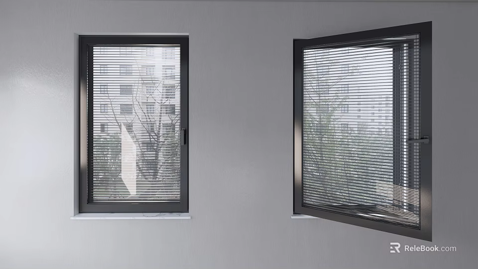 Window Blinds On Black Frame Windows With Gray Wall And Trees Outside View 3d model 