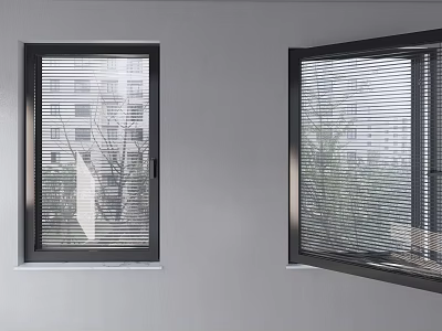 Window Blinds On Black Frame Windows With Gray Wall And Trees Outside View 3d model