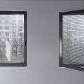 Window Blinds On Black Frame Windows With Gray Wall And Trees Outside View 3d model