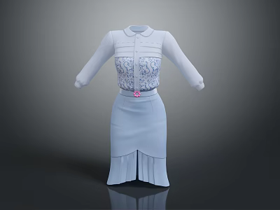 Light Blue Dress with Collared Neckline Floral Pattern Pink Belt Split Hem Pleated Design 3d model